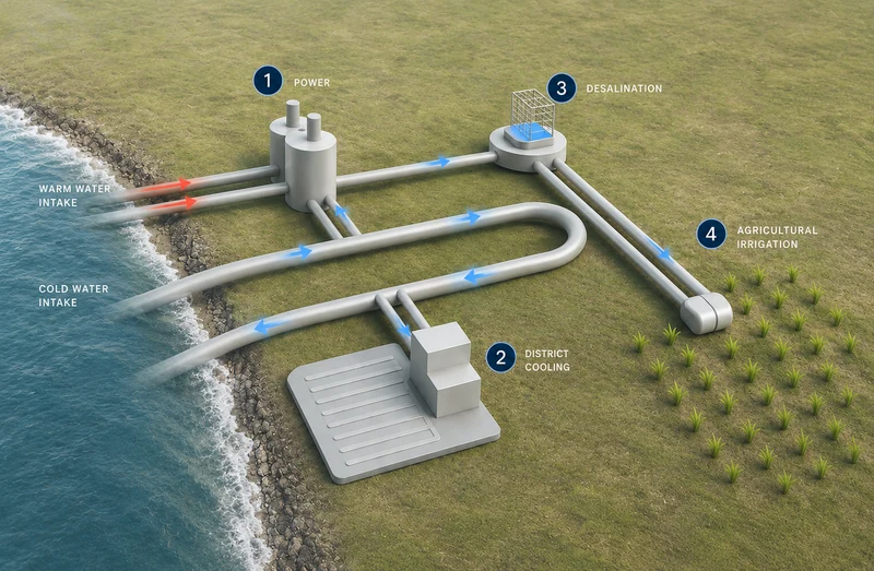 Conceptual integrated coastal system showing warm- and cold-water intakes supporting power, district cooling, desalination and agricultural irrigation